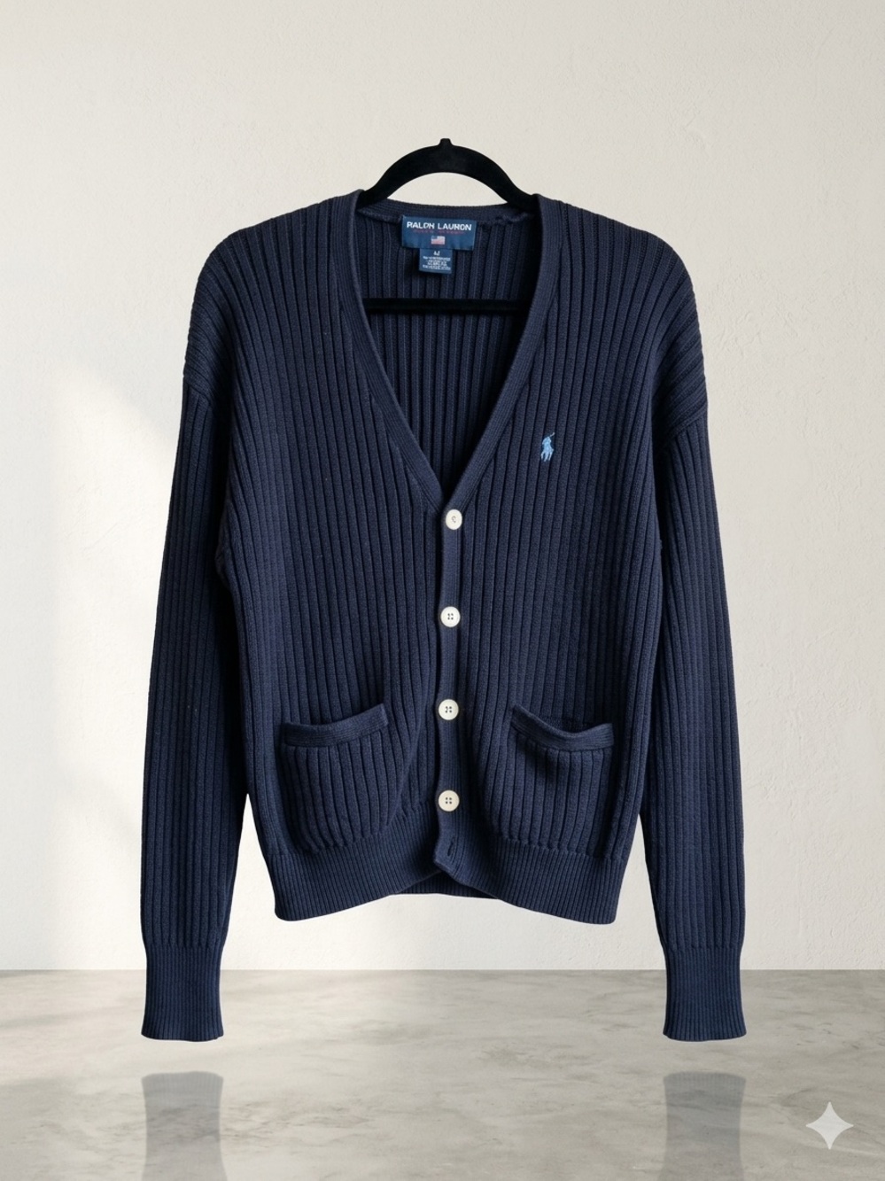 Vintage Polo Ralph Lauren Ribbed Knit Cardigan Navy M Old Money 90s 100% Cotton